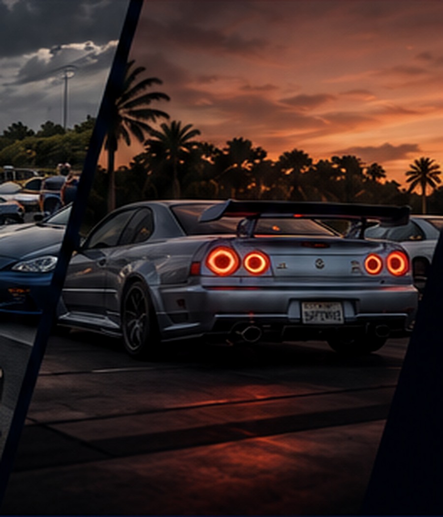 Performance cars gathered at sunset